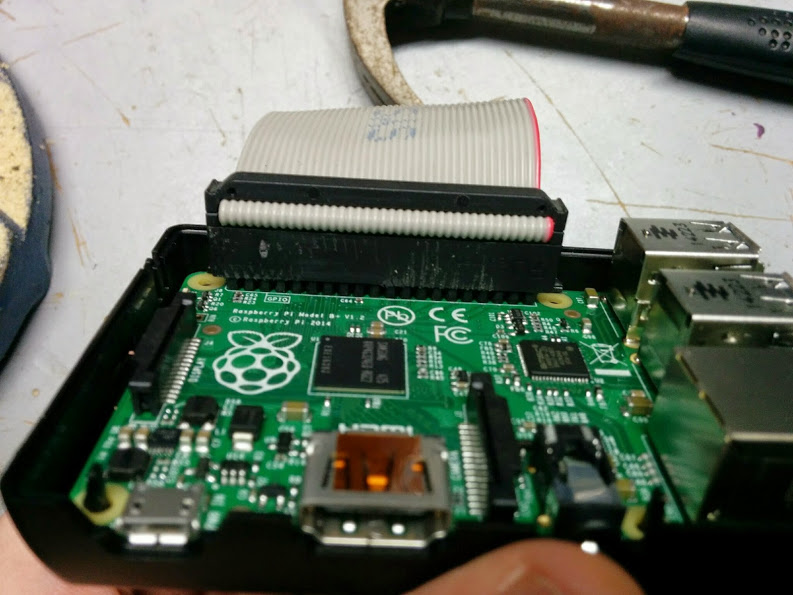 Modified PATA cable attached to a Raspberry Pi